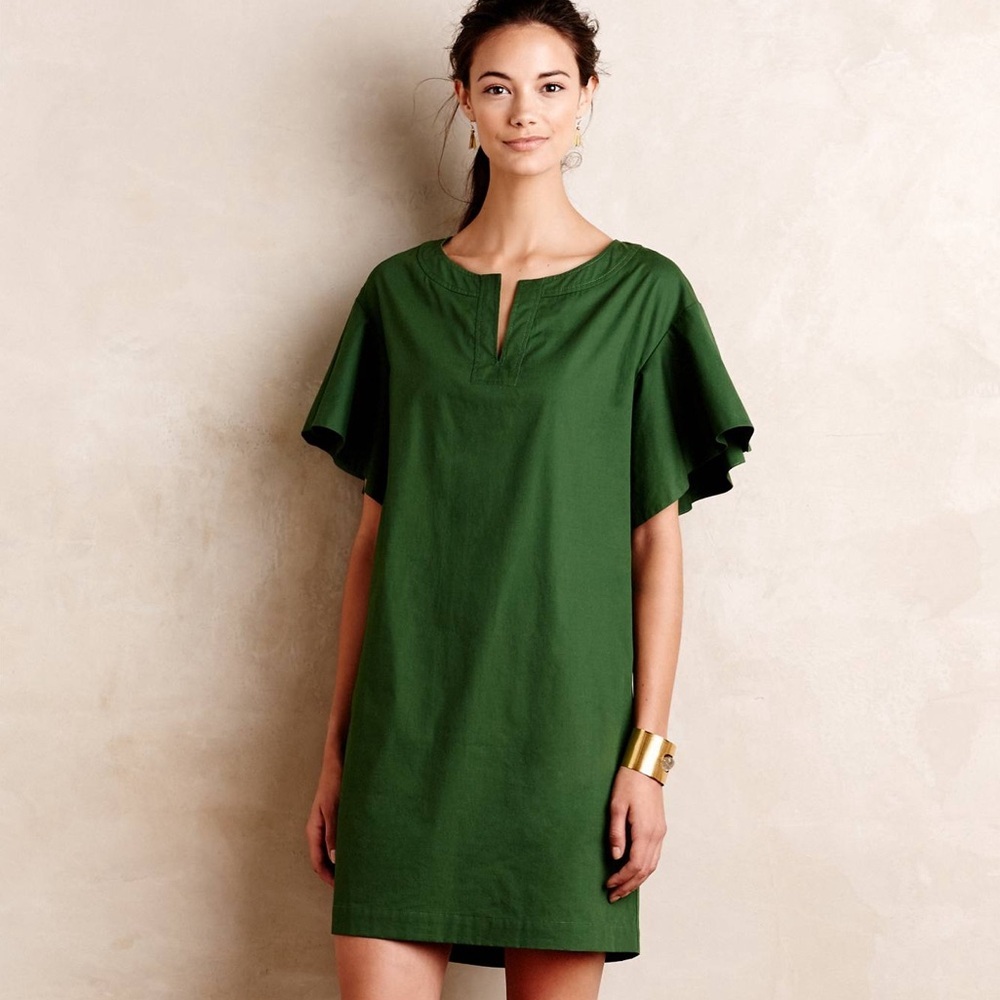 Anthropologie Maeve Green Flutter Sleeve Poplin Tunic Dress Women’s Size XS